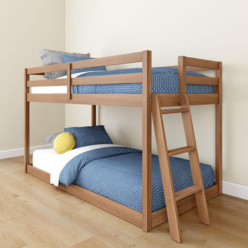 Bear Twin Over Twin Bunk Bed, Low Bunk Bed Frame for Kids, Bunk with Ladder, Guardrail, and Slats