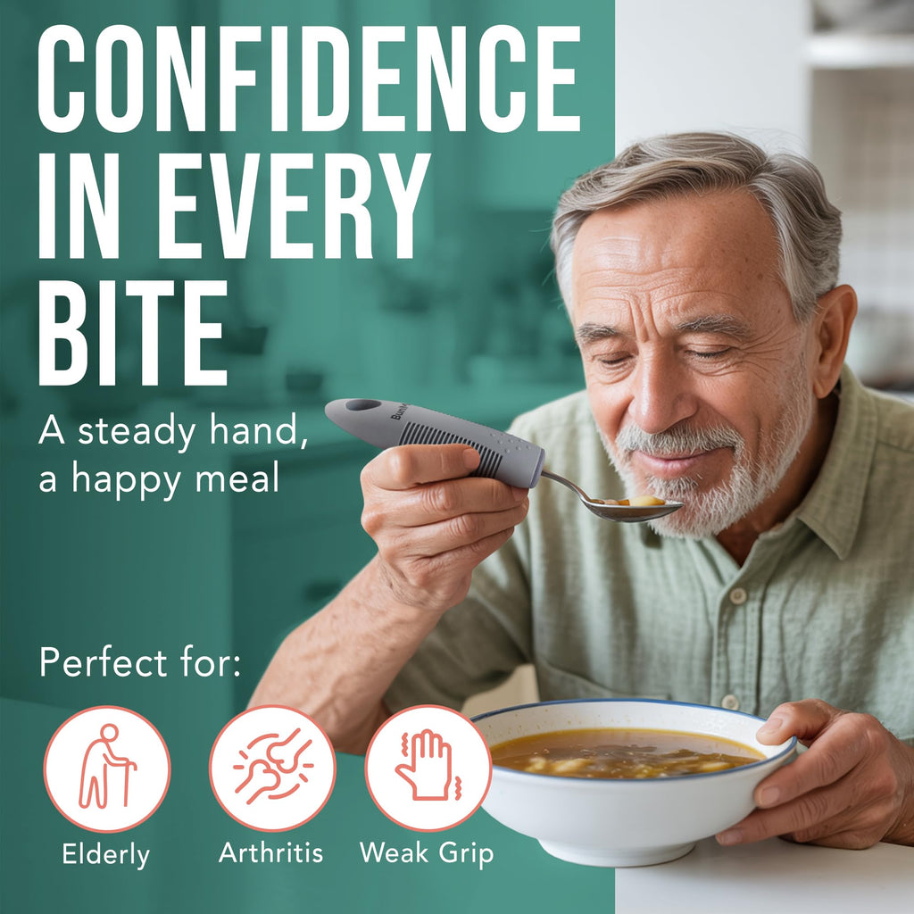 Adaptive Utensils for Elderly, Tremors & Weak Hand Grips - 4pc Lightweight Assistive Silverware Set with Foam Easy