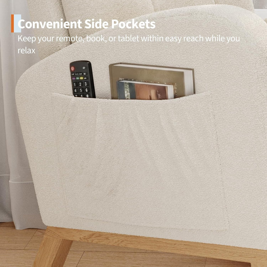 Modern Rocking Chair -Beige | Comfortable Recliner Rocker with Side Pocket, Soft Linen Upholstered Glider Chair