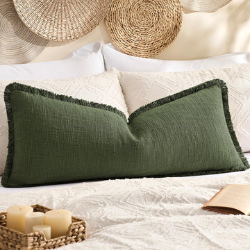 100% Cotton 14x36 Inch Lumbar Pillow Cover with Fringe 1 Pack, Olive Green