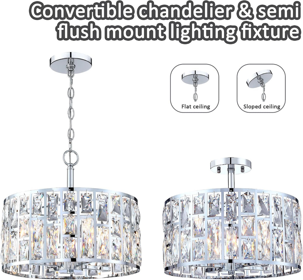 Farmhouse Crystal Convertible Chandelier and Semi Flush Mount Lighting Chrome Cylinder Drum Shade Pendant for Kitchen