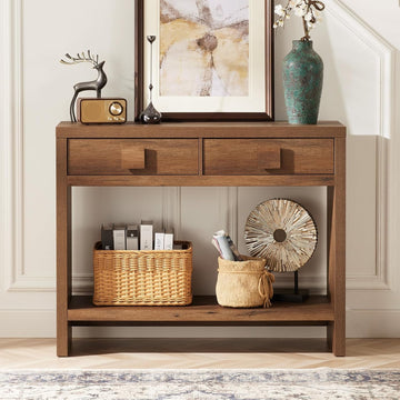Console Table with Drawers, 40 Inch Narrow Entryway Table with Open Storage Shelves, Mid Century Modern Hallway