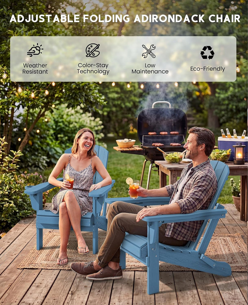Folding Adjustable Adirondack Chairs Set of 2, Cup Holders, Blue | Adirondack Chair with 3 Recline Positions, All