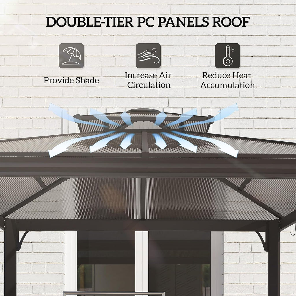 9 x 5 ft. Grill Gazebo, Hardtop BBQ Gazebo Canopy with 2-Tier Polycarbonate Roof, Shelves, Serving Tables
