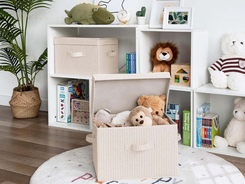 Fabric Storage Bins with Lid, Decorative Storage Boxes for Shelves, Stackable Closet Organizer Basket with Handles