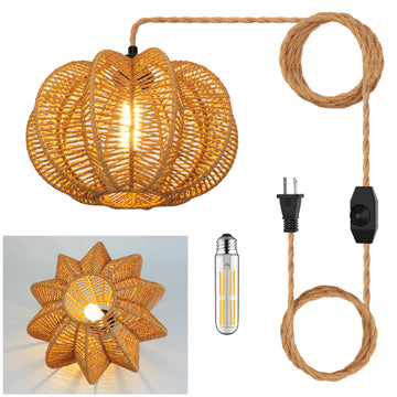Plug in Pendant Light Rattan Hanging Lights with Plug in Cord 15FT Hemp Rope Cord, Dimmable Switch - Indoor Hanging