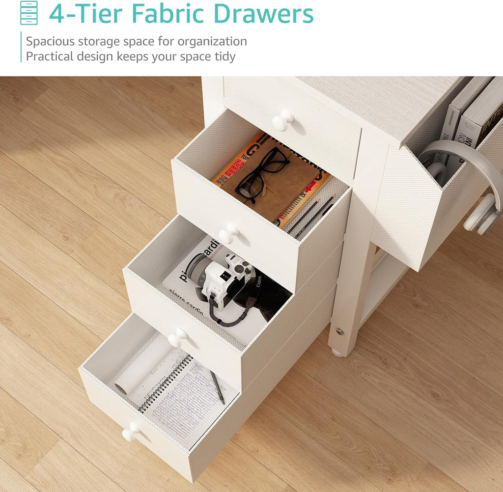 White L Shaped Computer Desk with Drawers & Storage Shelves, 47 Inch Corner Reversible Desk with Power Outlet Bedroom