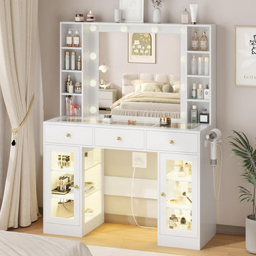 White Vanity Desk with Mirror and Lights, Glass Top Vanity with Lighted Mirror & RGB Glass Cabinet and 3 Drawers