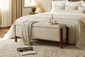 Modern Storage Benches with Walnut Wood Legs, 47'' Ottoman Bench with 20 Gallons Storage Space End of Bed, Fabric
