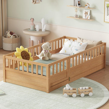 Twin Size Floor Bed with Fence and Door, Montessori Floor Bed with Slats, Twin Size Montessori Beds for Kids, Girls