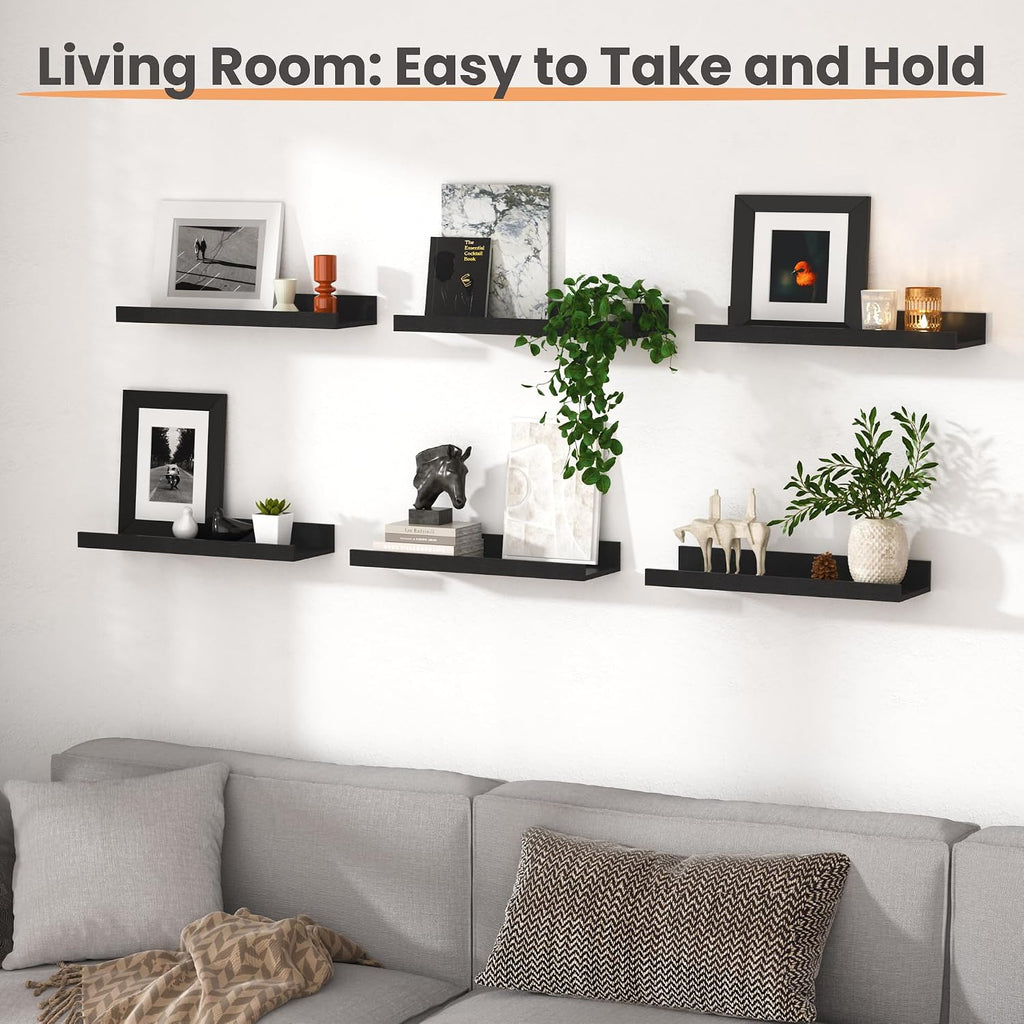 Floating Shelves for Wall Decor and Storage, Black, 6Pcs 15.7'' | Wall Mounted Wood Shelves , Laundry Room Display