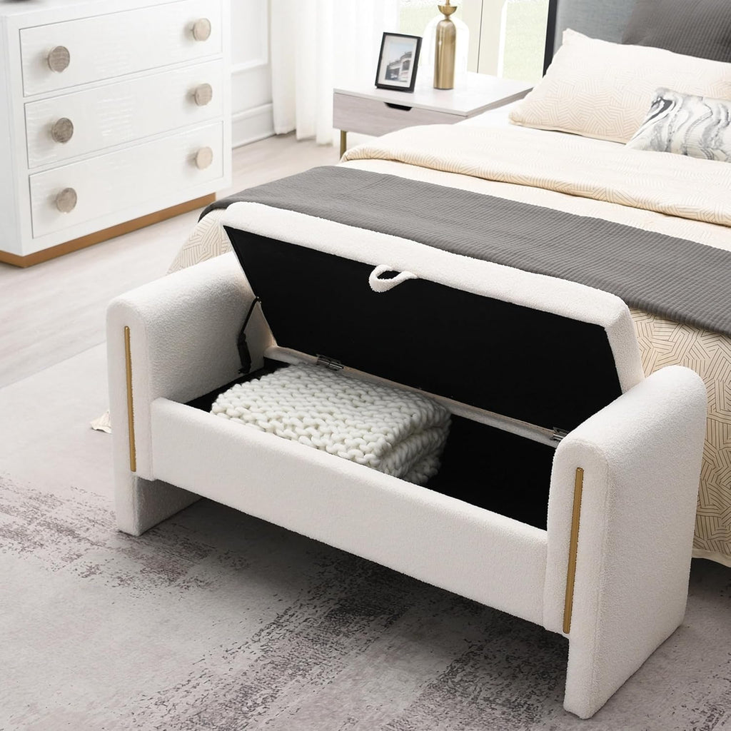 Upholstered Storage Ottoman, Teddy Fabric Bench with Solid Wood Legs, Comfortable Foot Rest Stool, Storage Bench End