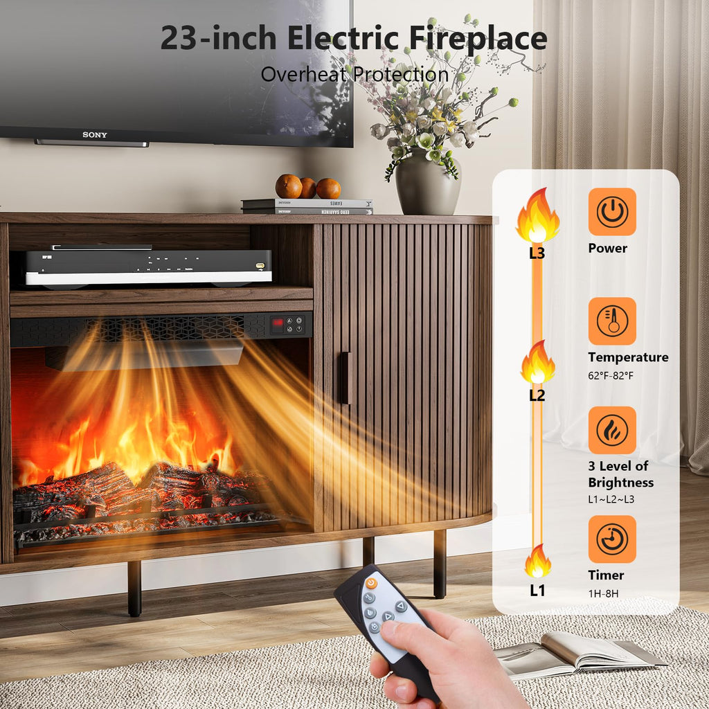 63" Fluted Fireplace TV Stand with 23" Electric Fireplace, Walnut