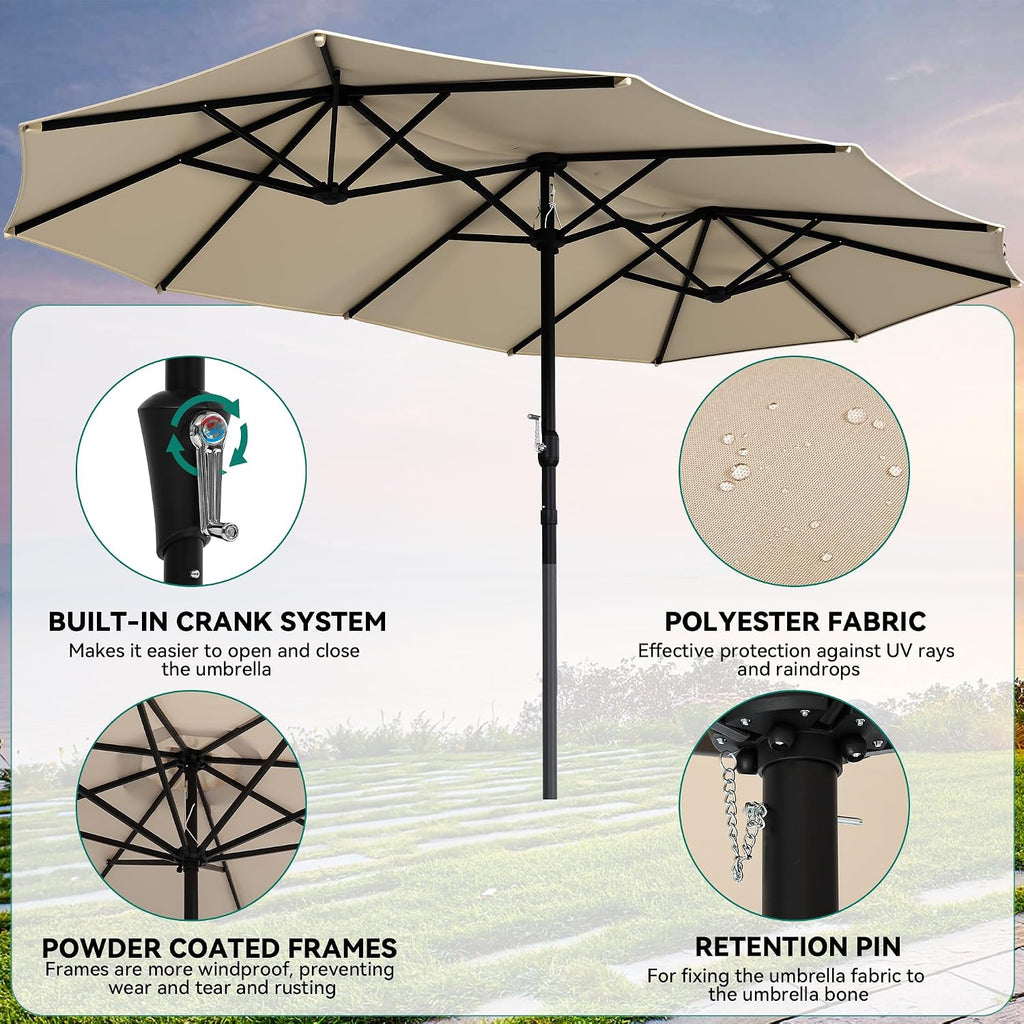 13ft Double-Sided Patio Umbrella with Crank, Waterproof UV Protective Beige Outdoor Umbrella