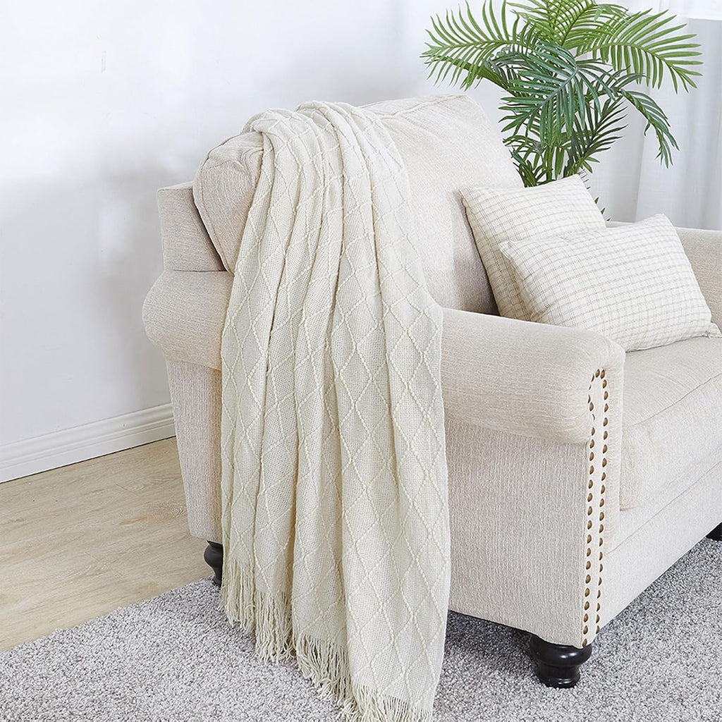 Beige Throw Blanket 50x60 Inches Throw Textured Solid Soft Sofa Couch Decorative Knit Blanket