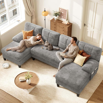 U-Shaped Sectional Couch , 112" Sectional Sofa with Double Chaise, Modern Sofa Deep Seat Couches , Grey