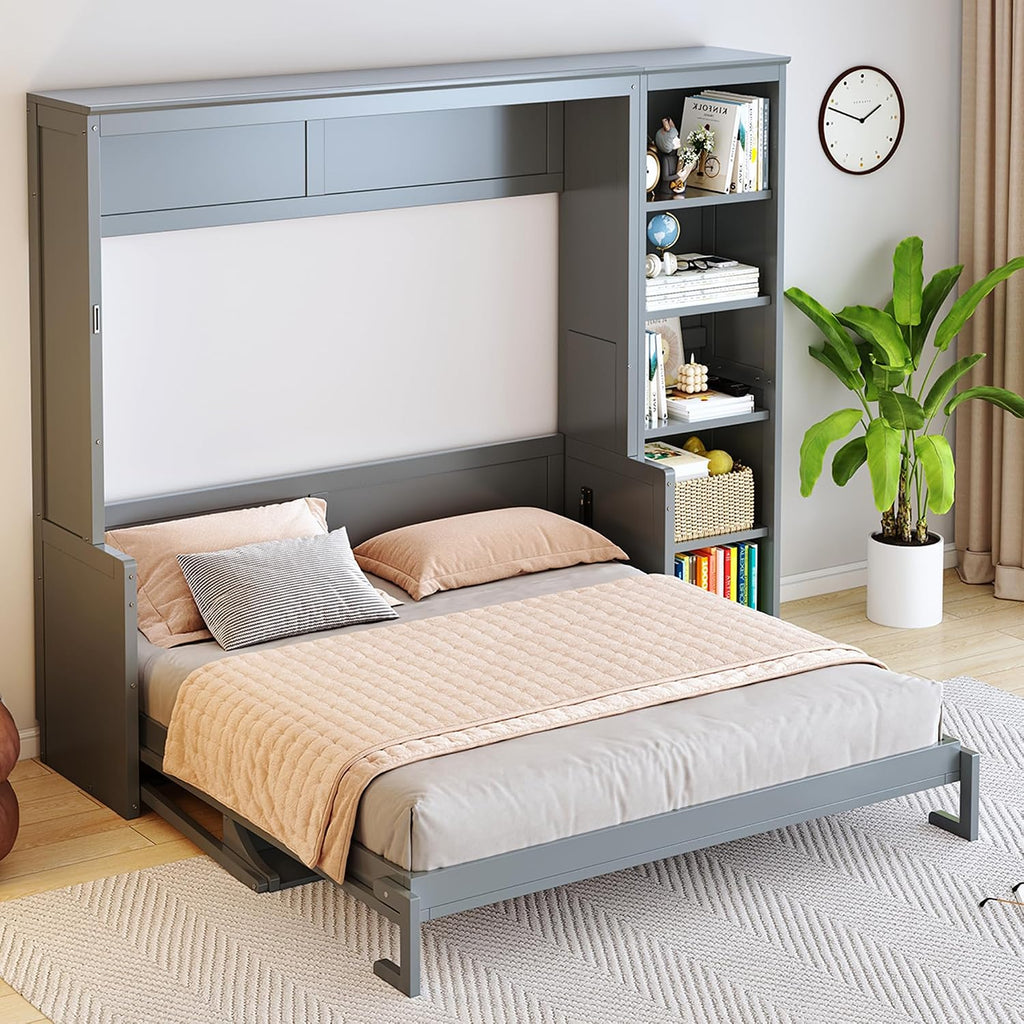 Queen Murphy Bed with Desk and Storage Shelves,Wood Hideaway Murphy Wall Bed with Storage Bookcase for Adults (Grey)