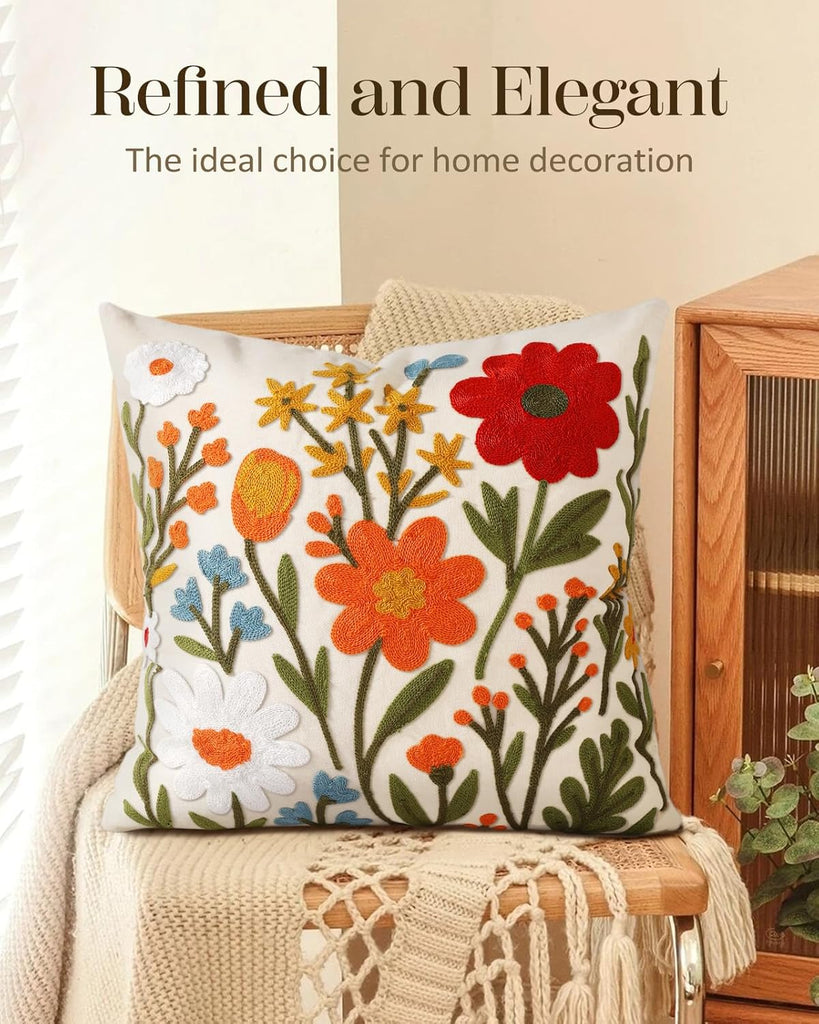 Embroidered Throw Pillow Cover 18x18 Inch - Spring Summer Boho Decorative Pillow Cover with Zipper