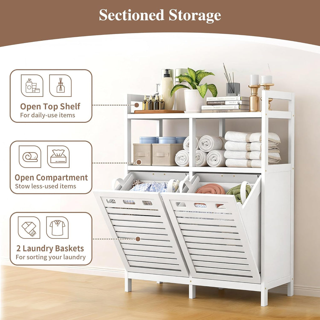 Tilt Out Laundry Hamper Cabinet, Bamboo Double Laundry Hamper with 2 Removable Laundry Baskets, 20 Gal Laundry Sorter