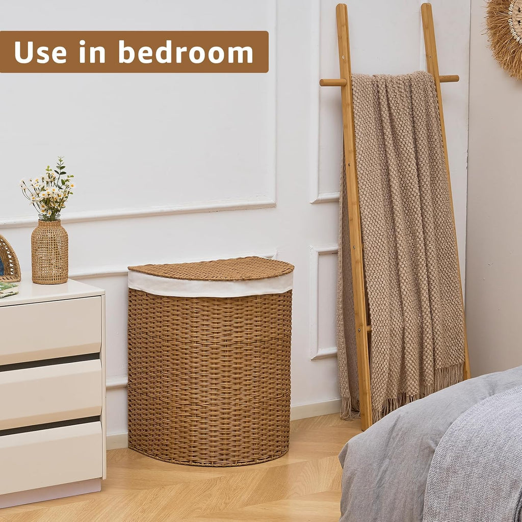 Wicker Half Moon Laundry Basket with Lid and 2 Replaceable Liner Bags, Handwoven Rattan Hamper for Dirty Clothes