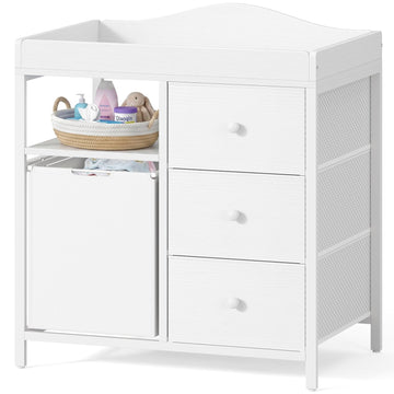 White Changing Table with 3 Fabric Drawers and Laundry Hamper, Baby Dresser with Changing Table Top, Nursery Diaper
