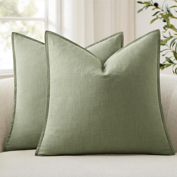 Pack of 2 Decorative Linen Pillow Covers Sage Green Euro Sham Neutral Farmhouse Boho Soild Cushion Case Soft Accent