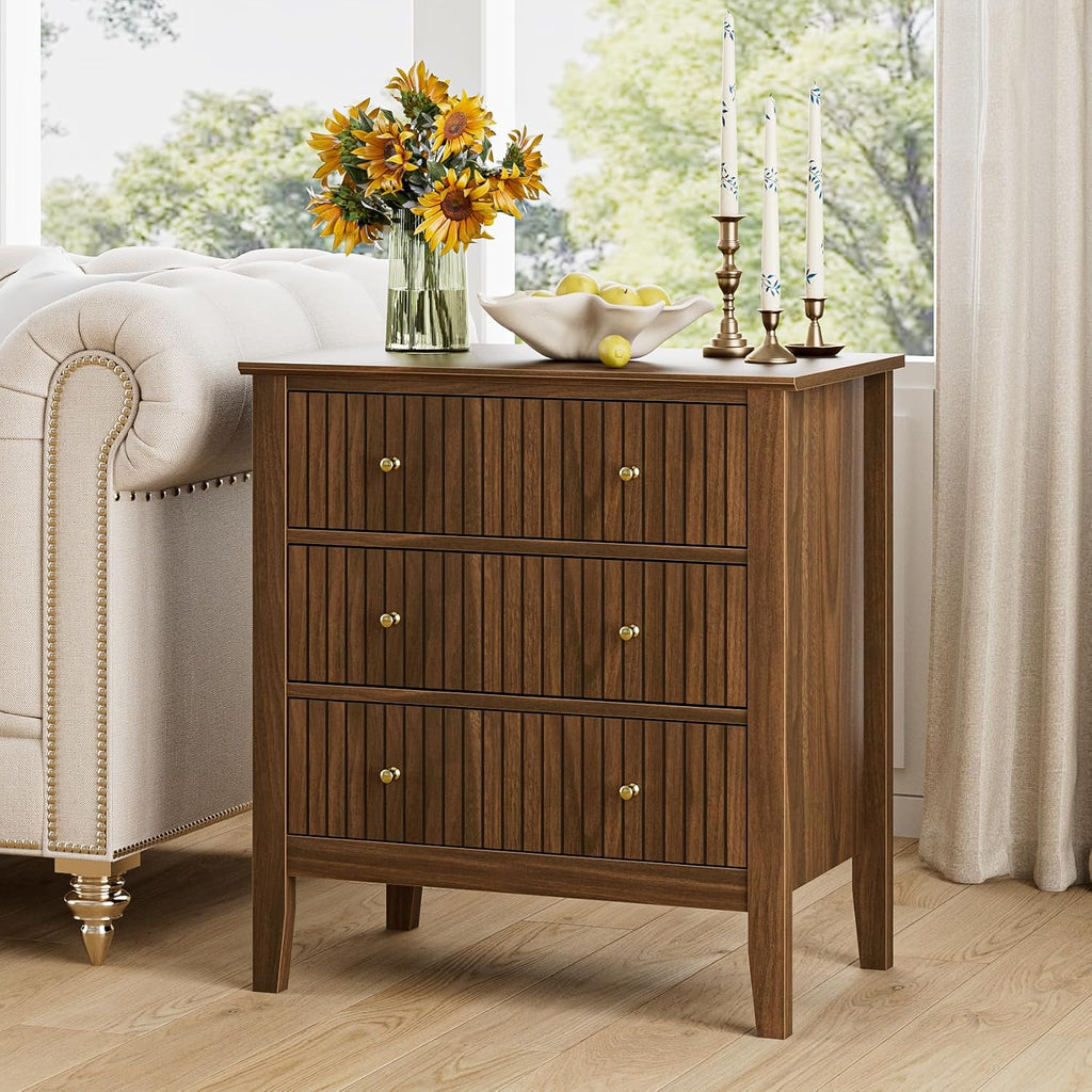 Night Stand, Fluted 3 Drawer Wide Farmhouse Nightstand with Gold Handle, Larger Wider Modern Bedside End Table