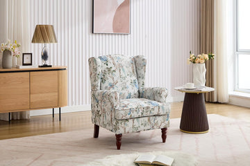 Modern Floral Accent Chair Retro Wood Legs, Linen Wingback Seat Bedroom Office, Bird Floral Single Sofa Chair with