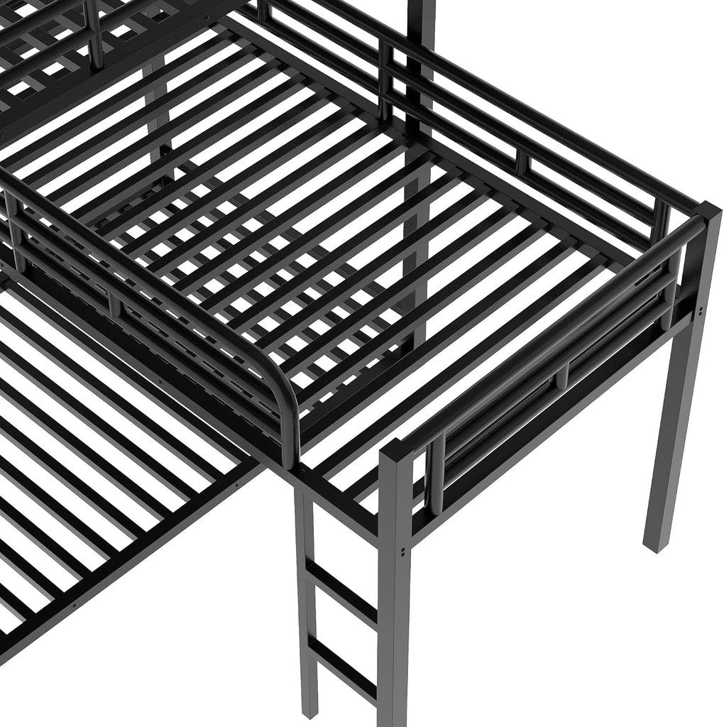Metal Triple Bunk Bed Twin, L-Shaped Metal Triple Bunk Bed Frame, 3 Beds Bunk Bed for Kids Teens Adults - Black