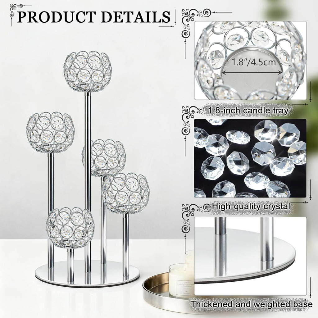 5-Arm Crystal Tealight Candelabra Centerpiece, 14.8 Inch Metal Candle Holder for Table Decor, Wedding, Christmas