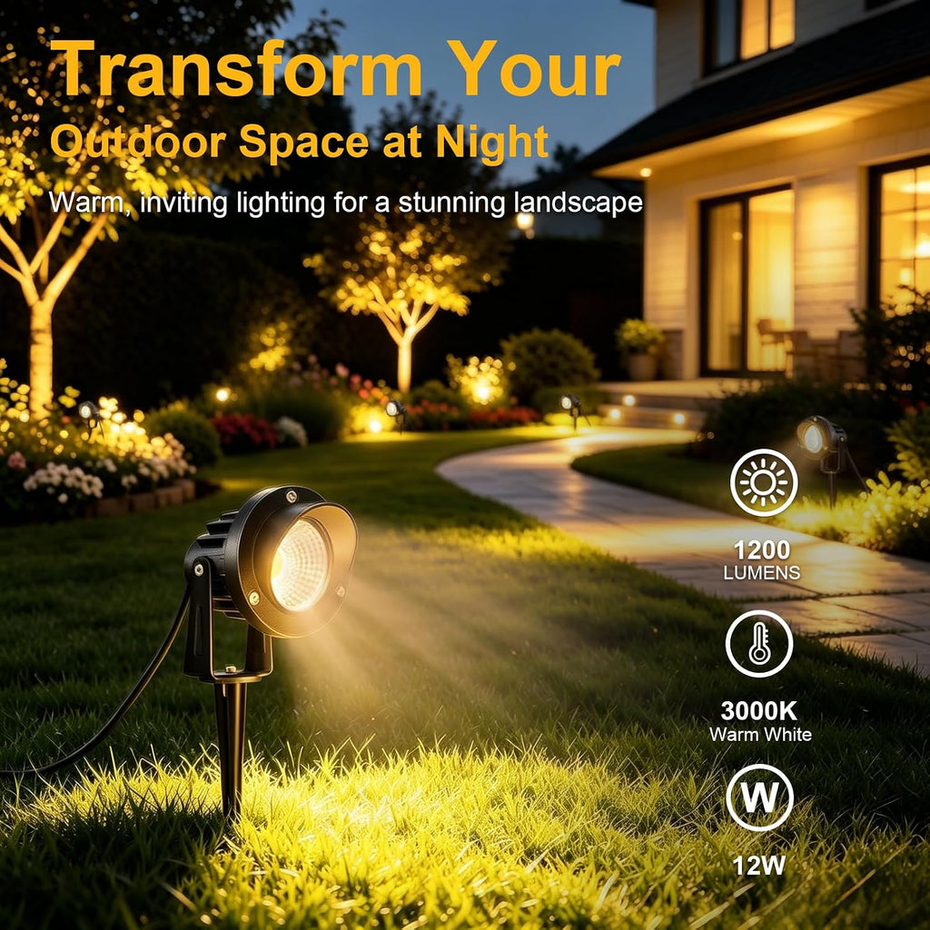 12W LED Landscape Spotlights, 120V Plug-in Outdoor Lighting, 4 Pack | 1200LM Brightness with 3000K Warm White, IP65