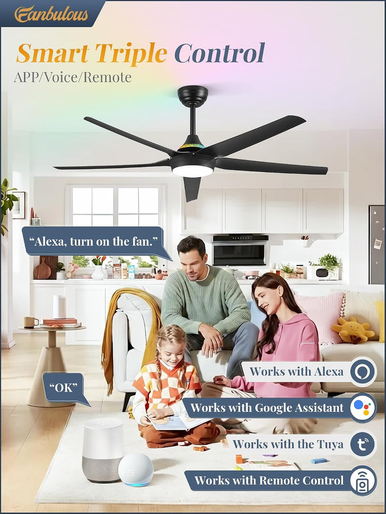 56'' Smart Ceiling Fans with RGB Lights, Modern Ceiling Fan with Alexa/App/Remote Control, Dimmable LED Light