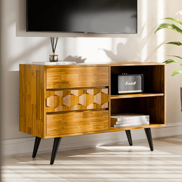 Georgina 45 Inch Solid Wood TV Stand, Under 10 Minutes Assembly Entertainment Center with Storage, Geometric Pattern