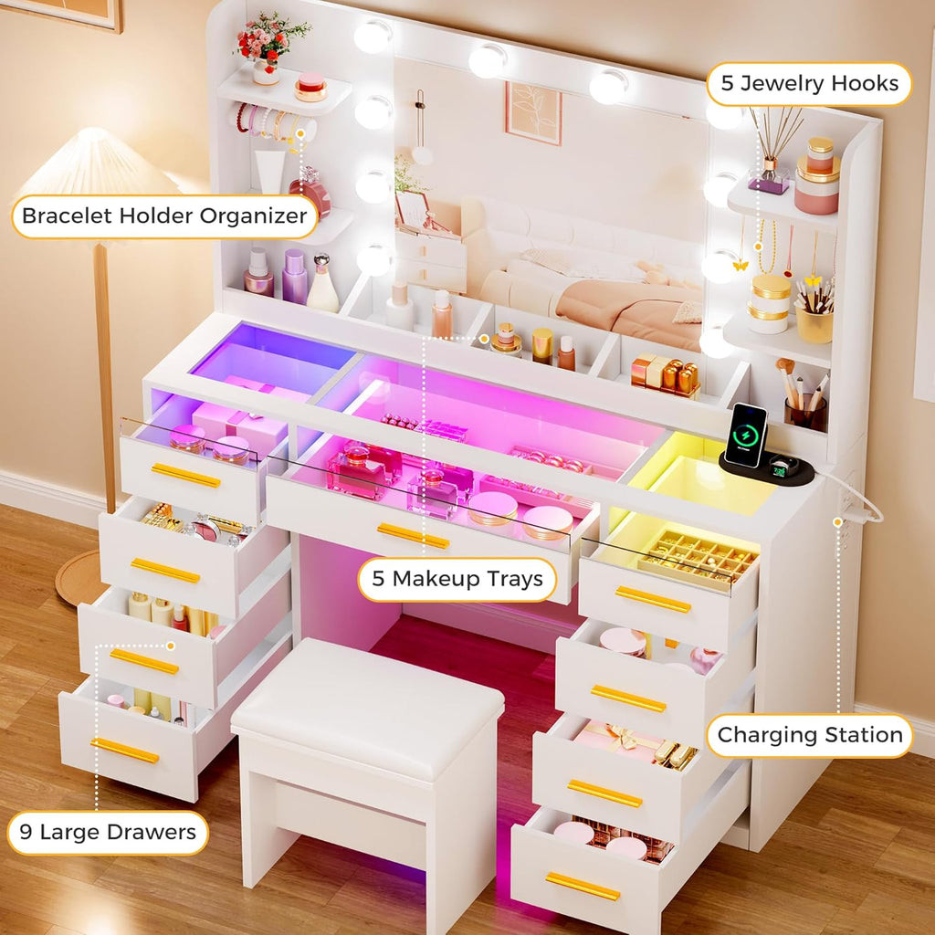 Large Vanity Desk with Mirror and Lights & Transparent Glass Top | 3 Colors Makeup Vanity Table Set with 9 RGB