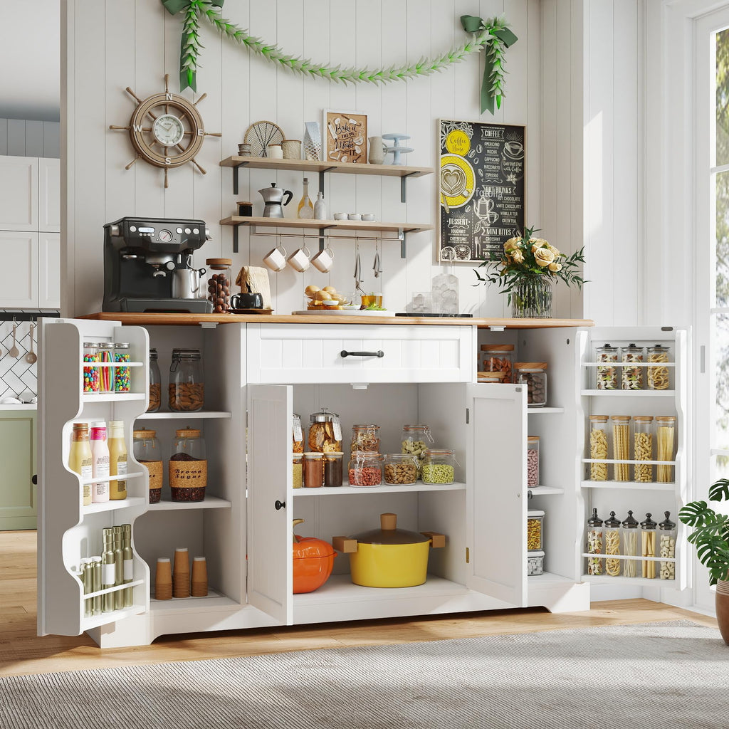 56" Kitchen Coffee Bar Cabinet with Storage, White and Rustic