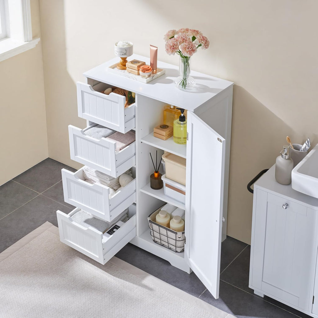 Bathroom Storage Cabinet with 4 Beadboard Drawers and Door, White | Floor Cabinet Hides Towels and Toiletries in