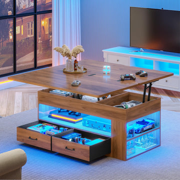 Lift Top Coffee Table, 4 in 1 Coffee Tables with Storage and Hidden Compartment, Farmhouse Coffee Table with 2 Fabric