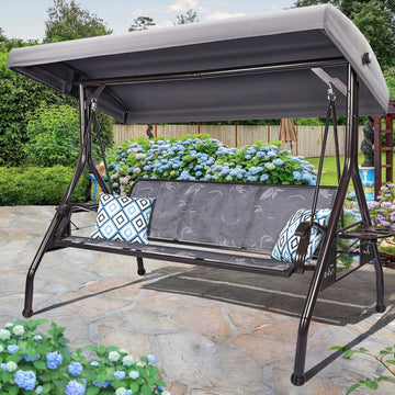 3 Person Patio Swing Outdoor Swing for Adults with Adjustable Canopy &Upgraded Cup Holders Textilene Fabric Porch