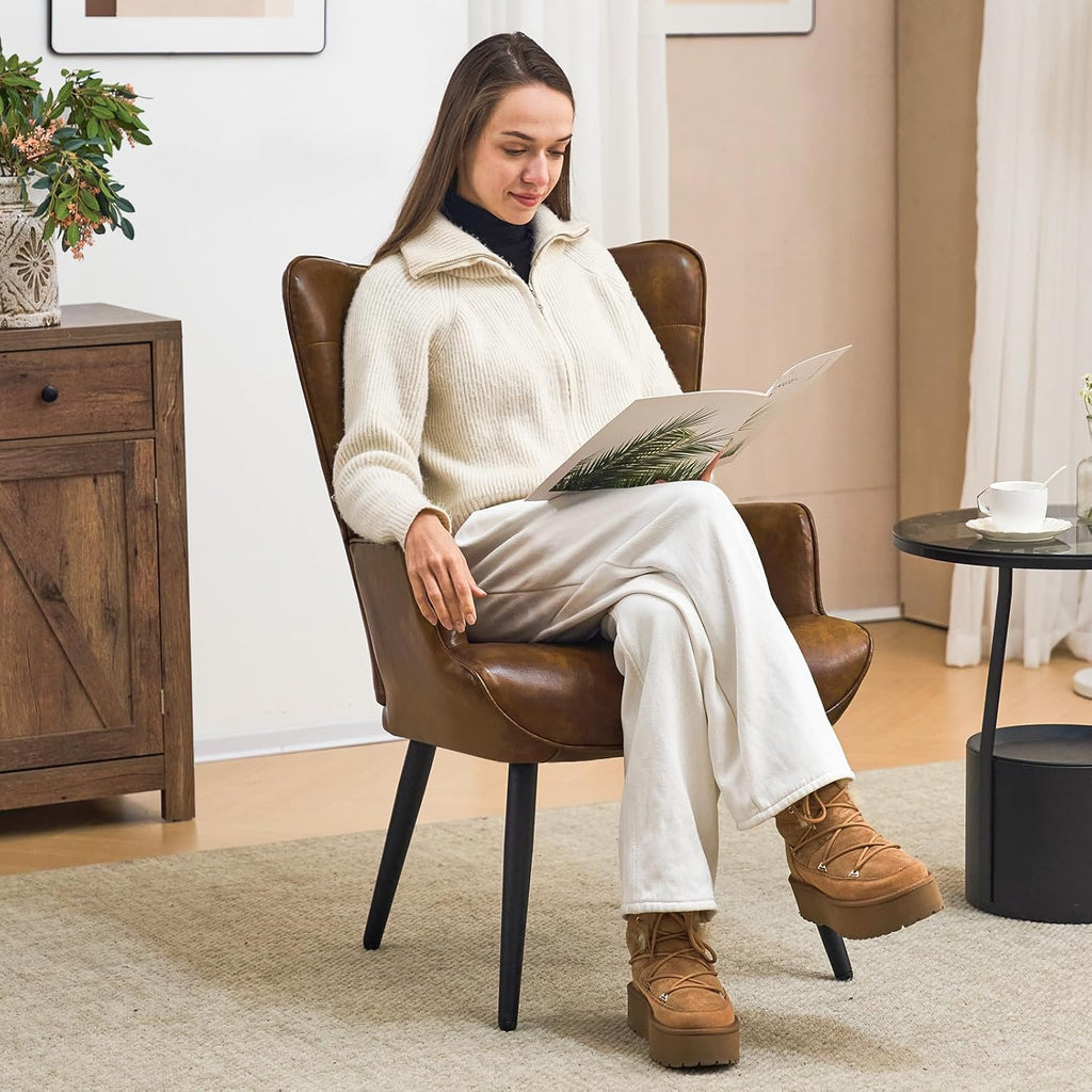 PU Leather Accent Chair , Upholstered Reading Chair with High Backrest, Tufted-Button Wingback Armchair , Dressing