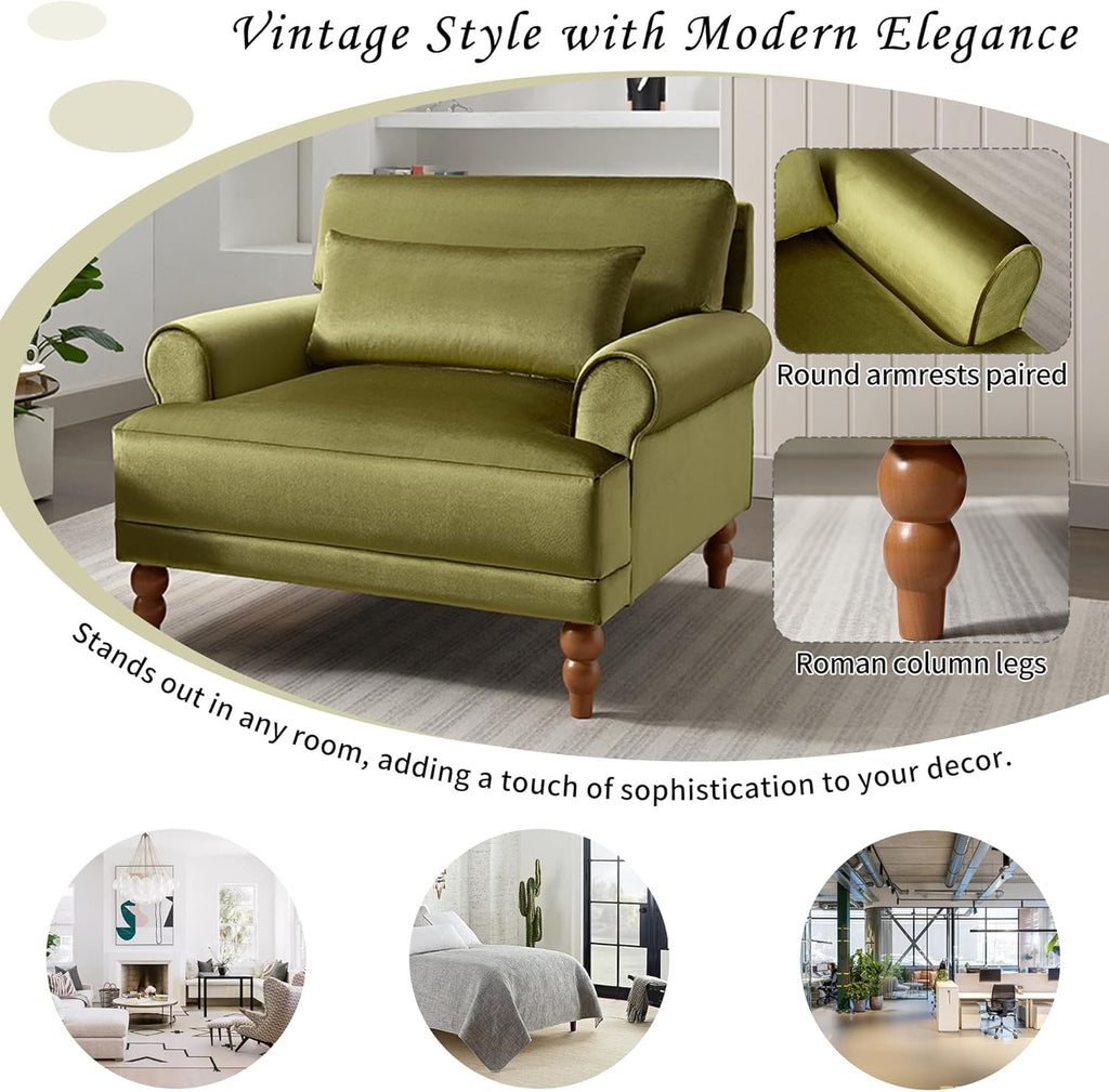 Oversized Velvet Accent Arm Chair with Roman Column Legs, Green | Upholstered Vintage Living Room Chair, Big Lounge