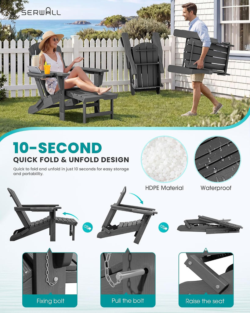 Folding Adjustable Adirondack Chair with Footrest, HDPE Outdoor Chair with 4-in-1 Cup Holders, All Weather Adirondack