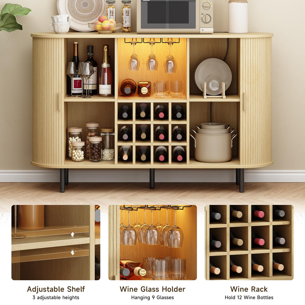 55" Fluted Wine Bar Cabinet with LED Light Oak