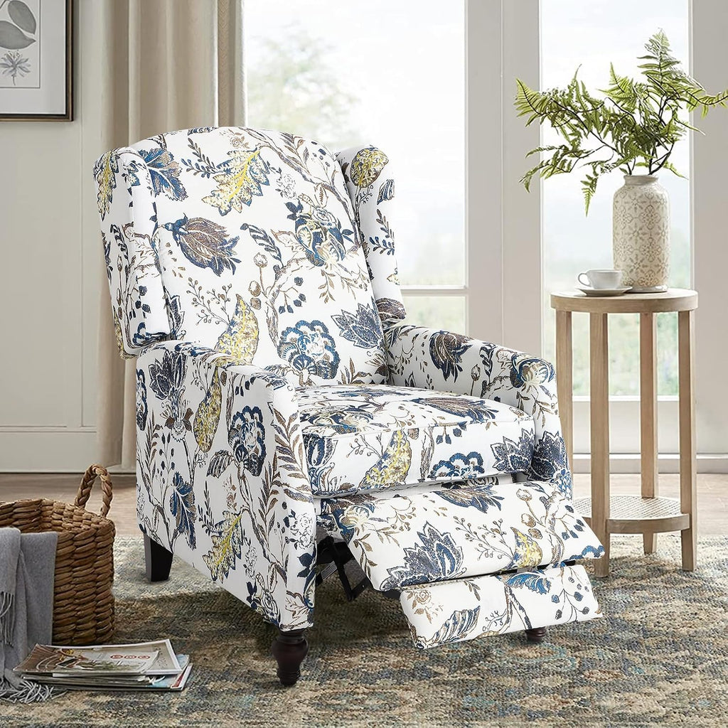 Upholstered Wingback Recliner Chair - Traditional Push Back Recliner Chair with Padded Seat, Fabric Floral Recliner