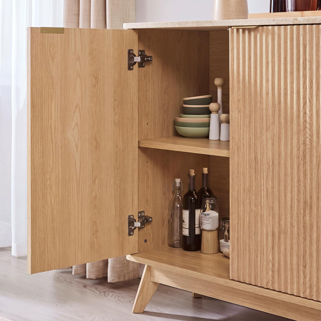 59'' Sideboard Buffet Storage Cabinet with Marble Top, Fluted Cabinet with Rounded Corners, Modern Buffet Table