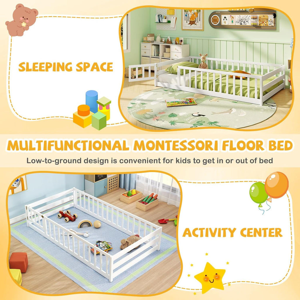 Twin Floor Bed with Fence for Kids, Wooden Montessori Bed Frame with Lockable Door & Guardrails, Low Floor Beds for
