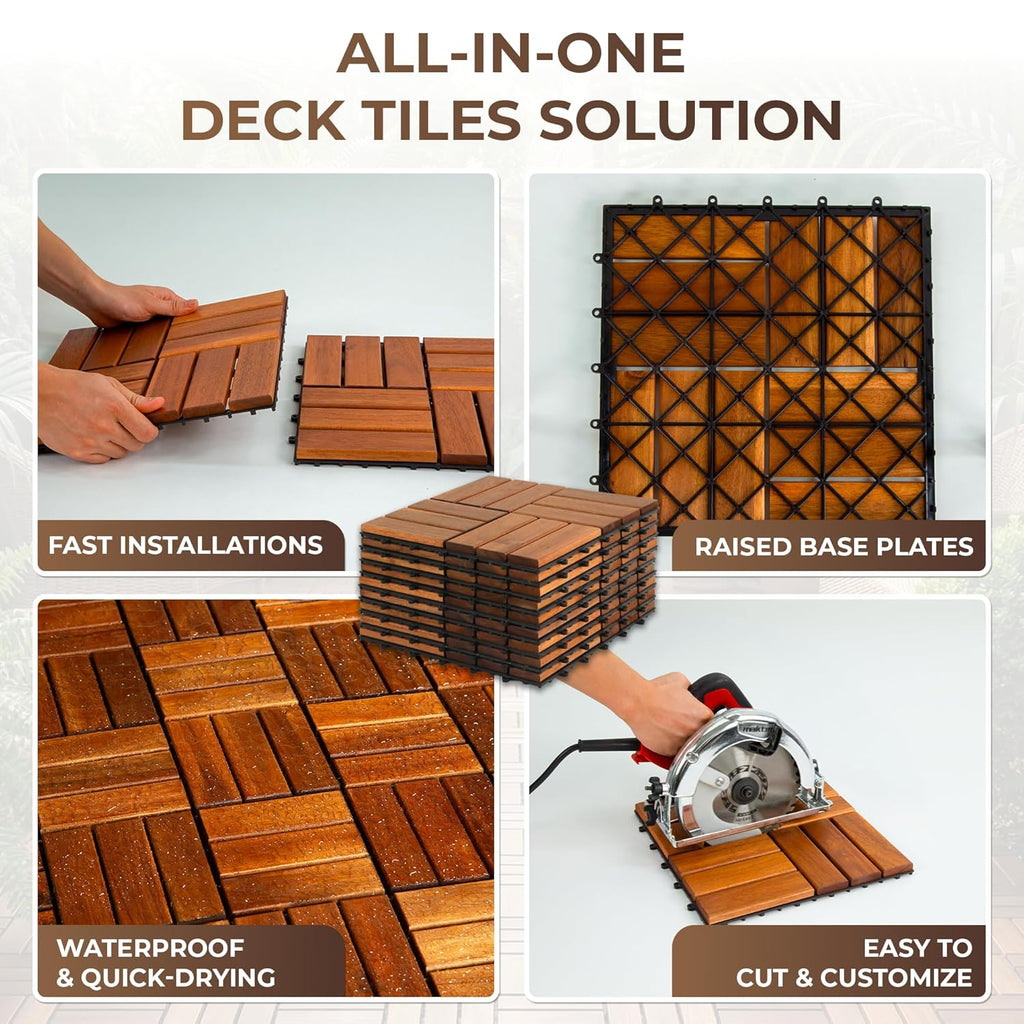 Pack of 9 Deck Tiles for Balcony, Poolside, Outdoor Area - Solid Acacia Waterproof Interlocking Deck Tiles