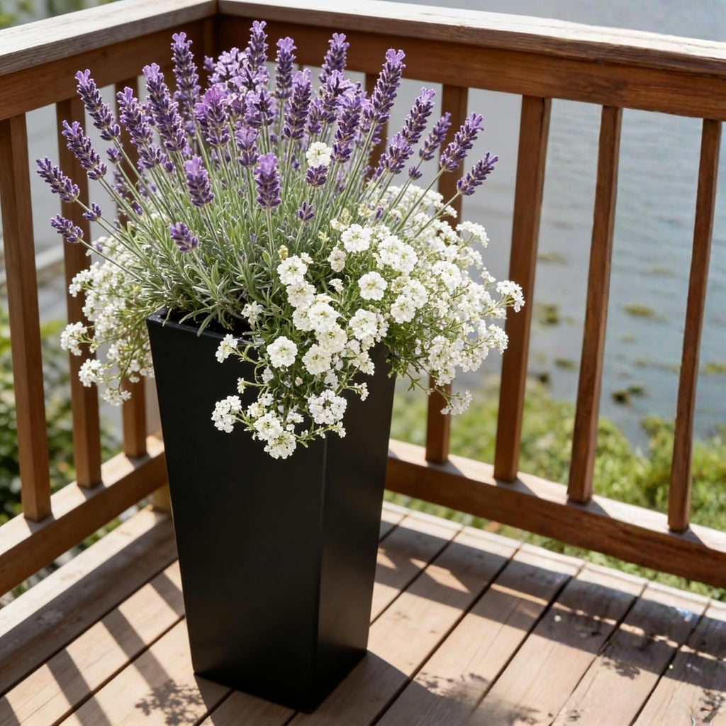 27 Inch Tall Planters Set of 2, Black Outdoor Planters | Weather resistant design with drainage hole and rubber plug