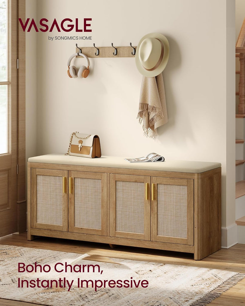 Boho Shoe Bench with Cushion, Entryway Storage Bench with 4 Rattan-Look Cabinet Doors, Rounded Corners