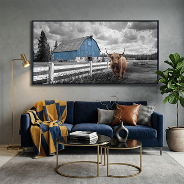 Vintage Farmhouse Wall Decor - Blue Barn & Highland Cow Canvas Painting, Black and White Retro Landscape Print, Large