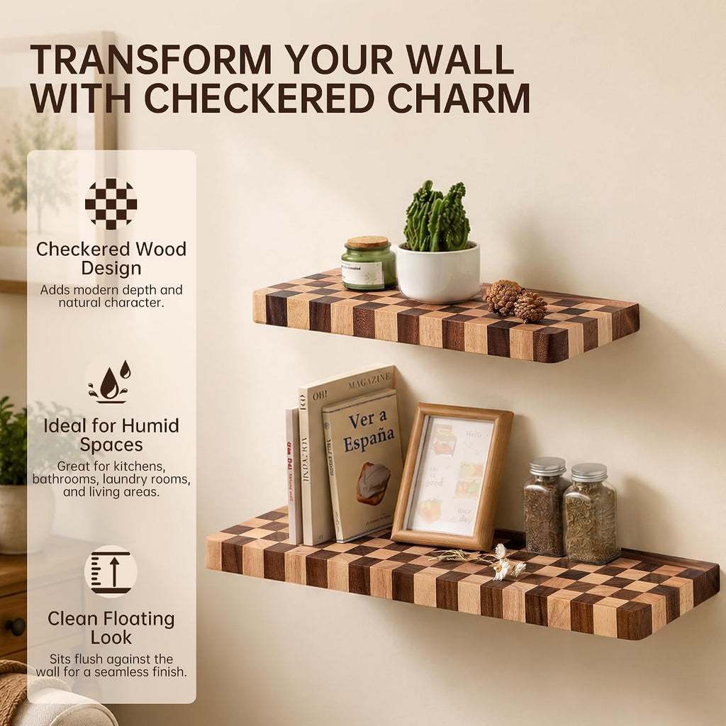 Floating Shelves for Wall, Solid Checkered Wood Wall Shelves 16 Inch | Heavy-Duty, Invisible Bracket, Solid Wood